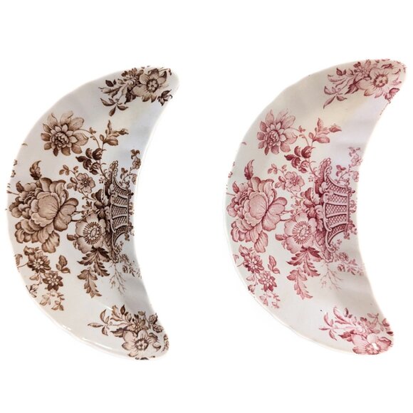 Vintage Crown Devon Staffordshire England Crescent Dishes Brown Red Floral China - Picture 1 of 5